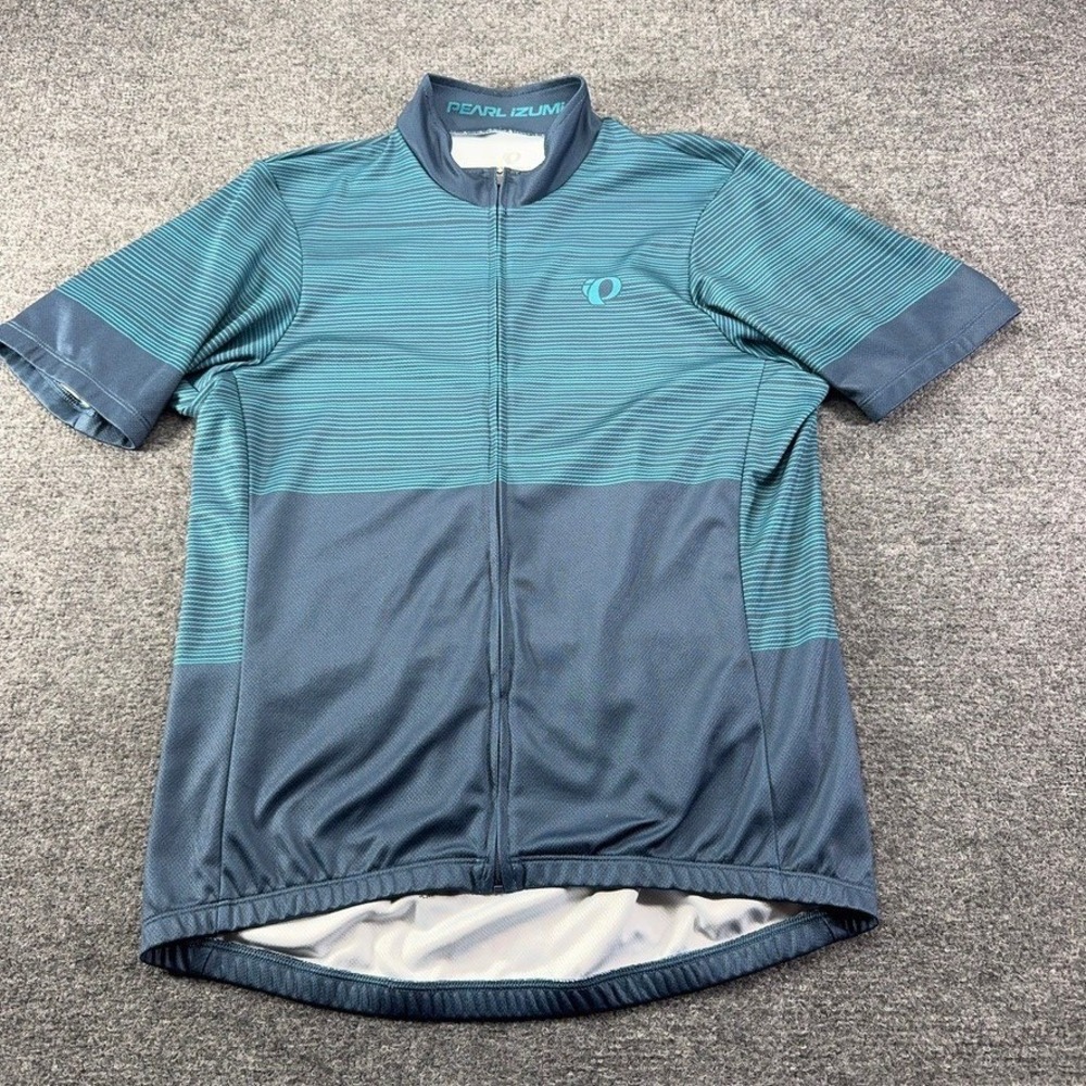 Pearl Izumi Mens Cycling Jersey Medium Teal Navy Blue Striped Short Sleeve Zip